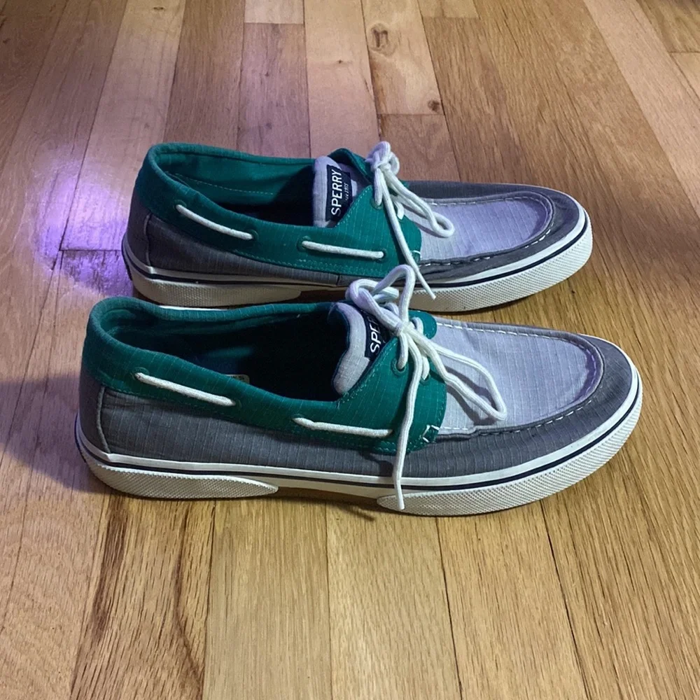 Green and Grey slip on canvas boat shoe